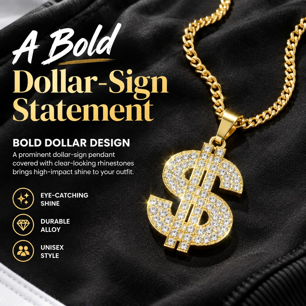 Hip Hop Full Rhinestone Fake Dollar Sign Pendant Necklace fits 80's 90's Outfit