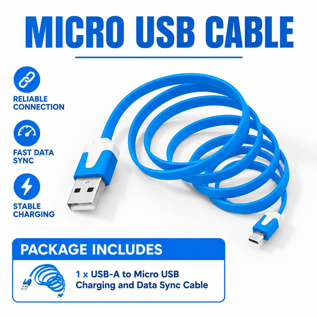 3 ft USB-A to Micro USB Charging and Data Sync Cable, Blue Flat Cable
