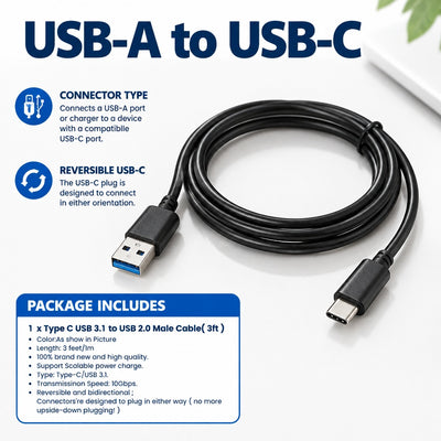 USB-A to USB-C Cable, 3 ft (1 m), Black, Male-to-Male Charging and Data Cable, Compatible with USB-C