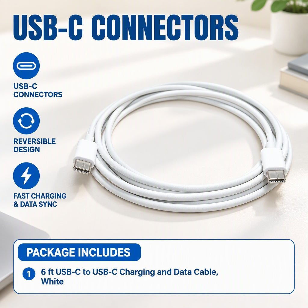 6 ft USB-C to USB-C Cable, USB 3.1 Type-C Male-to-Male Charging and Data Sync Cord, 10Gbps, White
