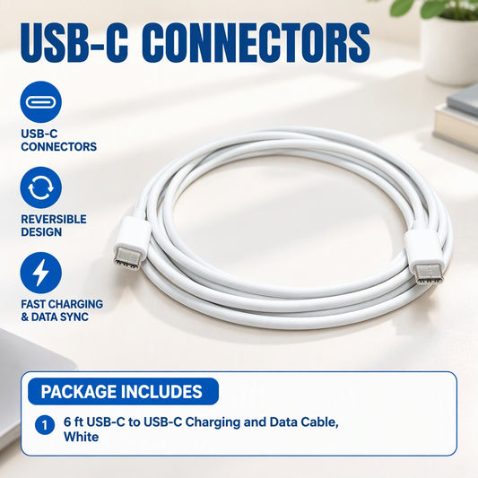 6 ft USB-C to USB-C Cable, USB 3.1 Type-C Male-to-Male Charging and Data Sync Cord, 10Gbps, White