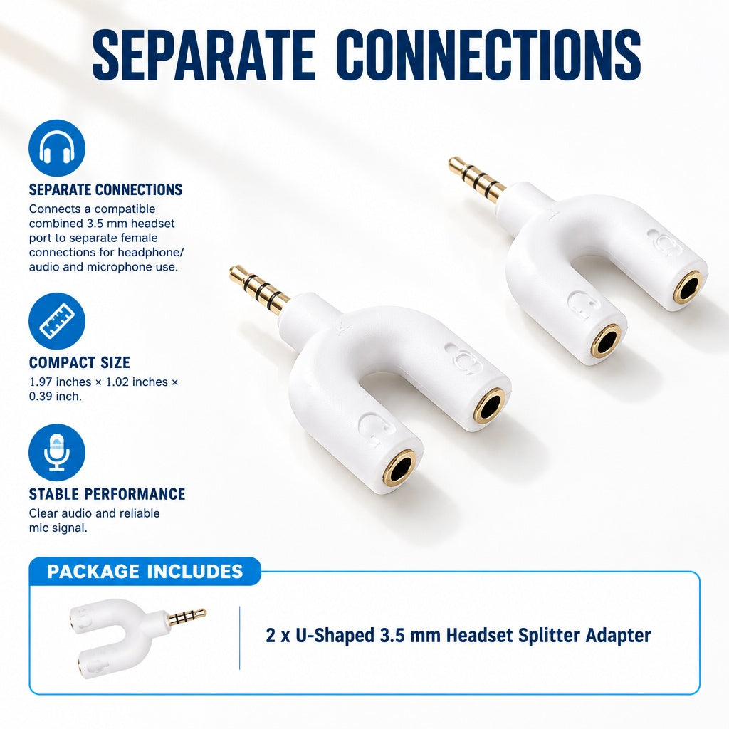 2-Pack U-Shaped 3.5 mm Headset Splitter Adapter, TRRS Male to Separate Headphone and Microphone Fema