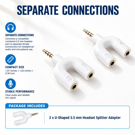 2-Pack U-Shaped 3.5 mm Headset Splitter Adapter, TRRS Male to Separate Headphone and Microphone Fema