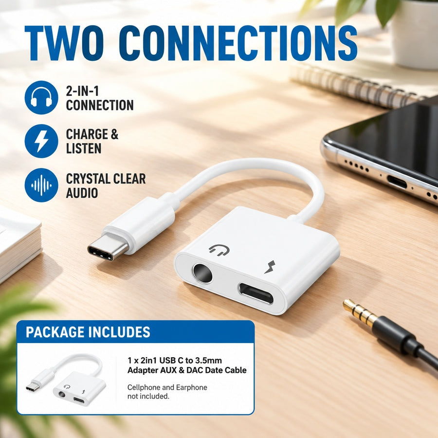 USB-C to 3.5mm Headphone Jack Adapter with USB-C Charging Port, 2-in-1 Audio and Charging Dongle for