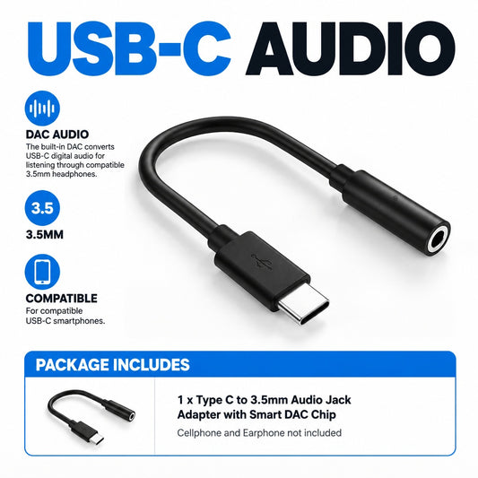 USB-C to 3.5mm Headphone Adapter with Built-In DAC, Short Cable, CTIA/OMTP Headset Support, for Comp