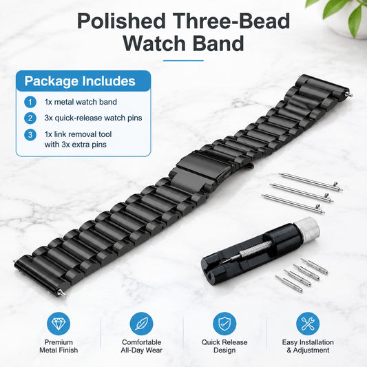 Stainless Steel Three-Bead Watch Band with Double-Button Folding Clasp and Quick-Release Pins, Compa
