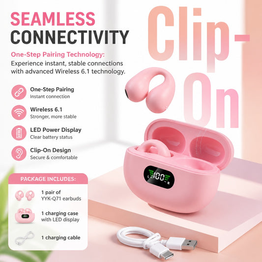 Clip-On Open-Ear Bluetooth 6.1 Earbuds with LED Charging Case, Type-C Charging, Up to 36 Hours of Pl