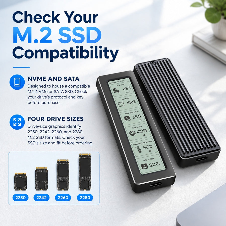 Aluminum M.2 SSD Enclosure - LCD Display, USB 3.2 10Gbps,Supports NVMe/SATA SSDs
