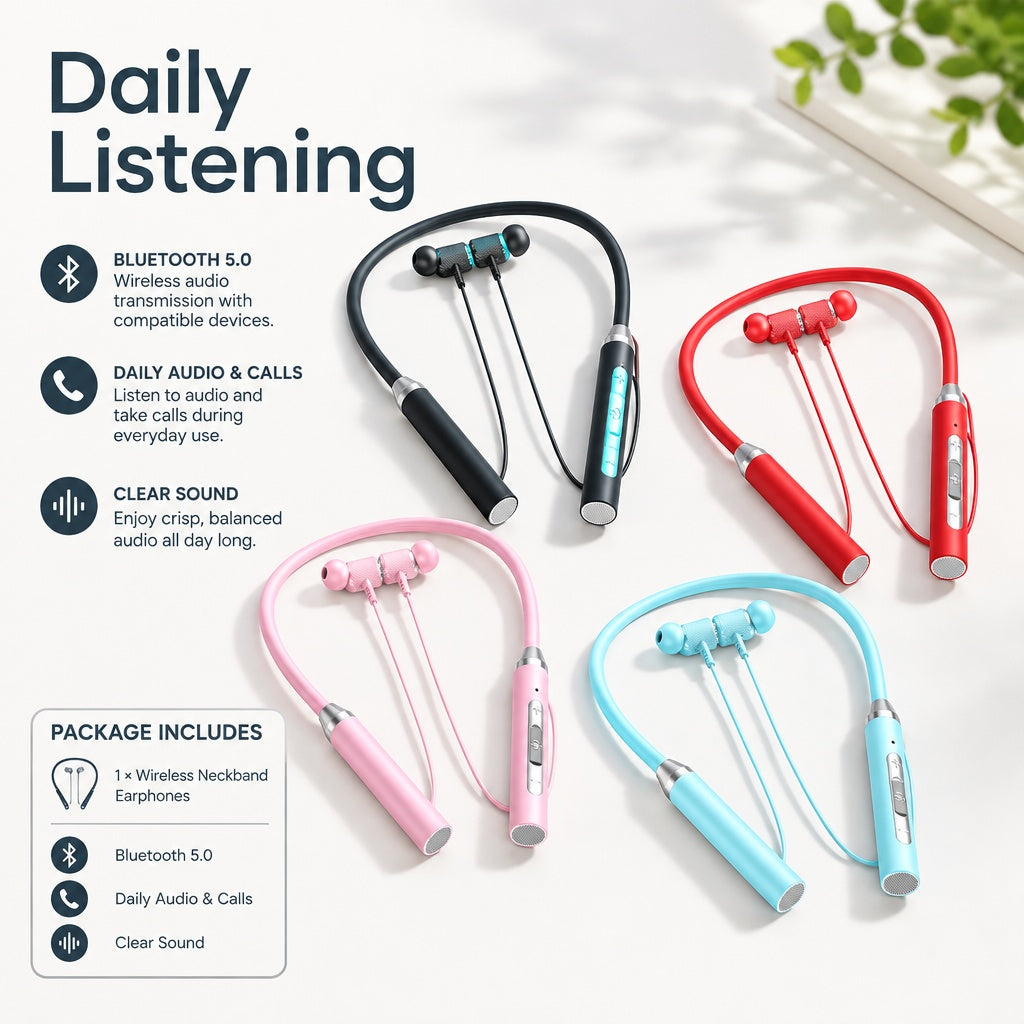 Wireless Bluetooth 5.0 Neckband Earphones with Magnetic Earbuds, 280mAh Battery, In-Line Controls an