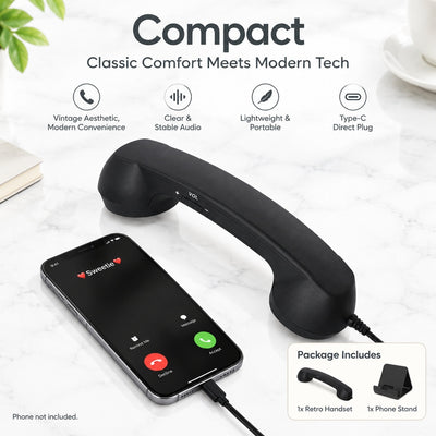 Retro USB Type-C Phone Handset with Coiled Cord, Wired Smartphone Speaker and Microphone for Compati