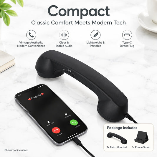 Retro USB Type-C Phone Handset with Coiled Cord, Wired Smartphone Speaker and Microphone for Compati