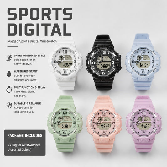 Rugged Digital Sports Wristwatch with Round Display, Multi-Button Case and Adjustable Strap