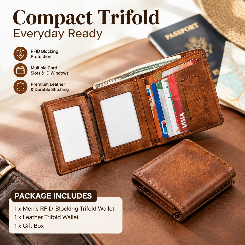RFID Blocking Leather Trifold Wallet Multi-Card Holder fits Men Travel Daily Use