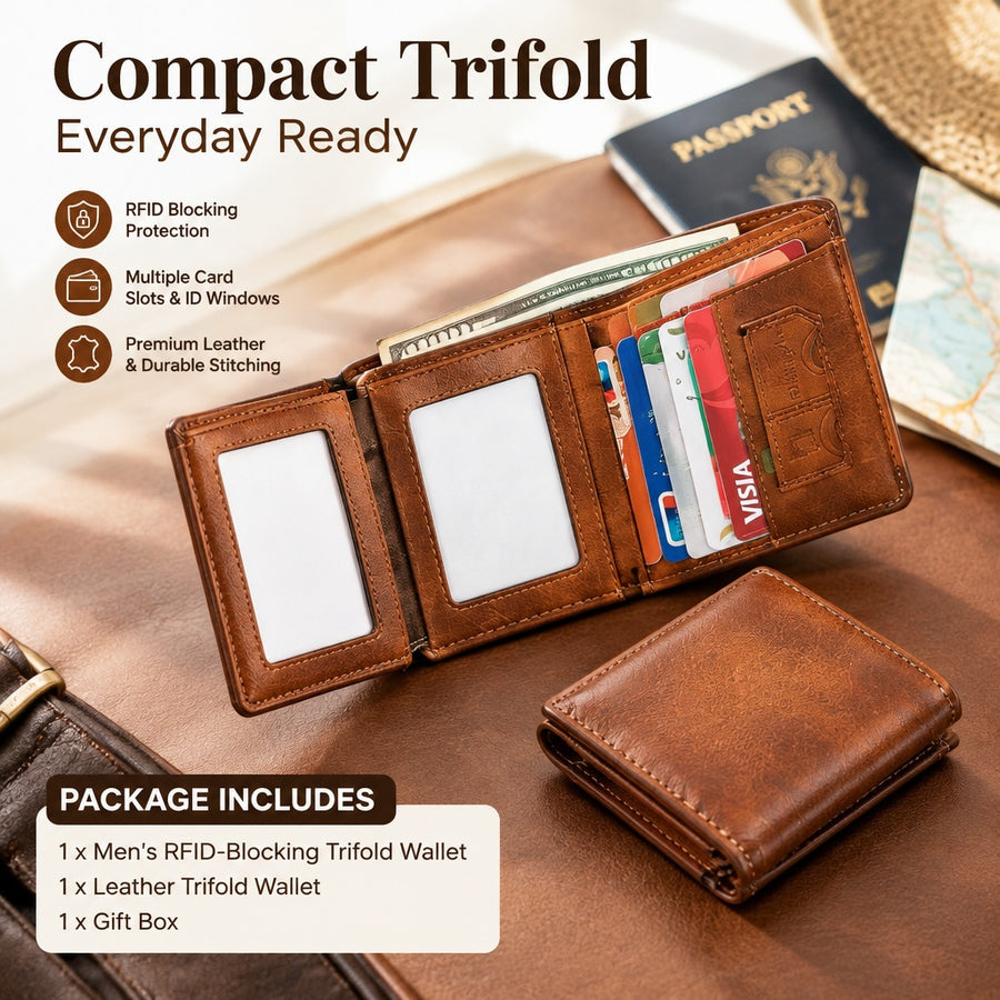 RFID Blocking Leather Trifold Wallet Multi-Card Holder fits Men Travel Daily Use