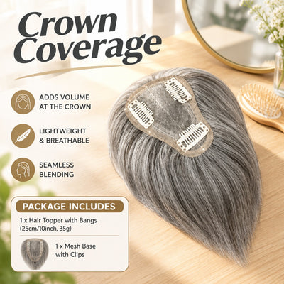 Soft Breathable Human Hair Topper with Bangs for Thinning Hair & Gray Coverage