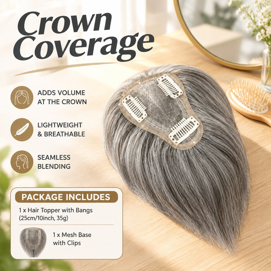 Soft Breathable Human Hair Topper with Bangs for Thinning Hair & Gray Coverage