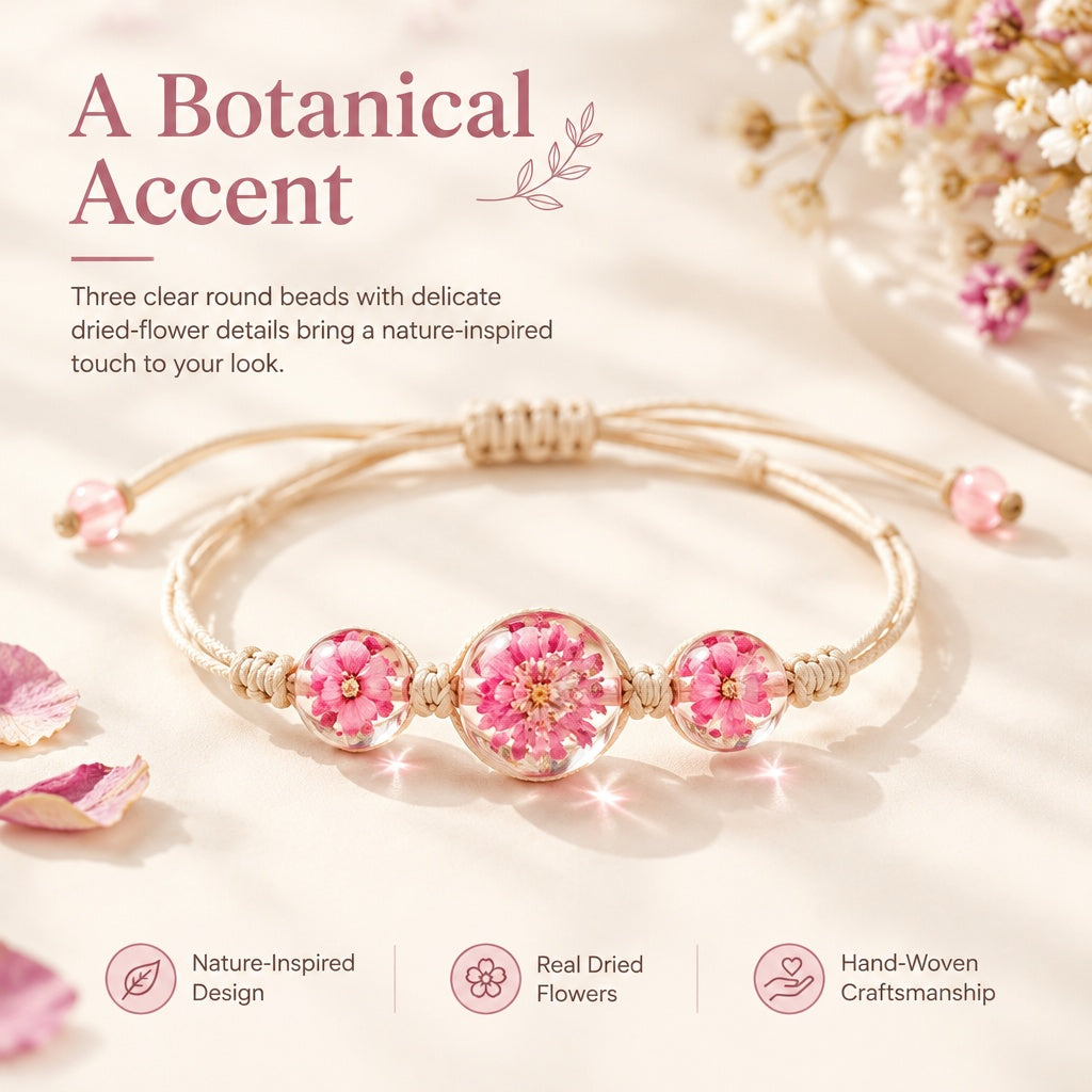 Nature-Inspired Dried Flower Resin Bead Bracelet Adjustable Hand-Woven for Women