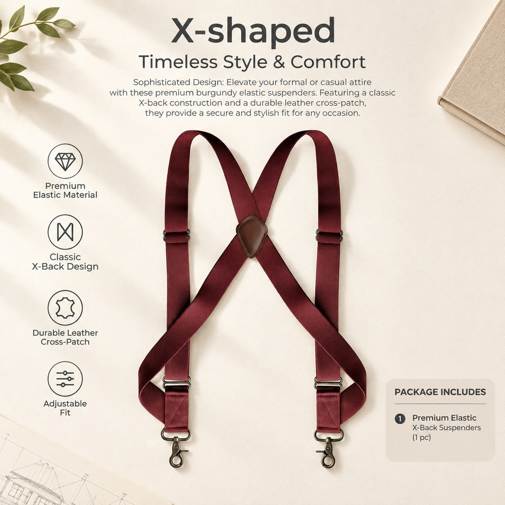 Men's Adjustable Elastic X-Back Suspenders with Waistband Hook Clips, Stretchy Straps and Center Bac