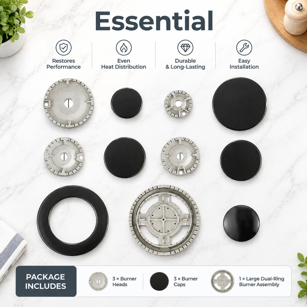 11-Piece Gas Cooktop Burner Cap and Burner Base Replacement Set, Multi-Size Black Caps and Metal Par