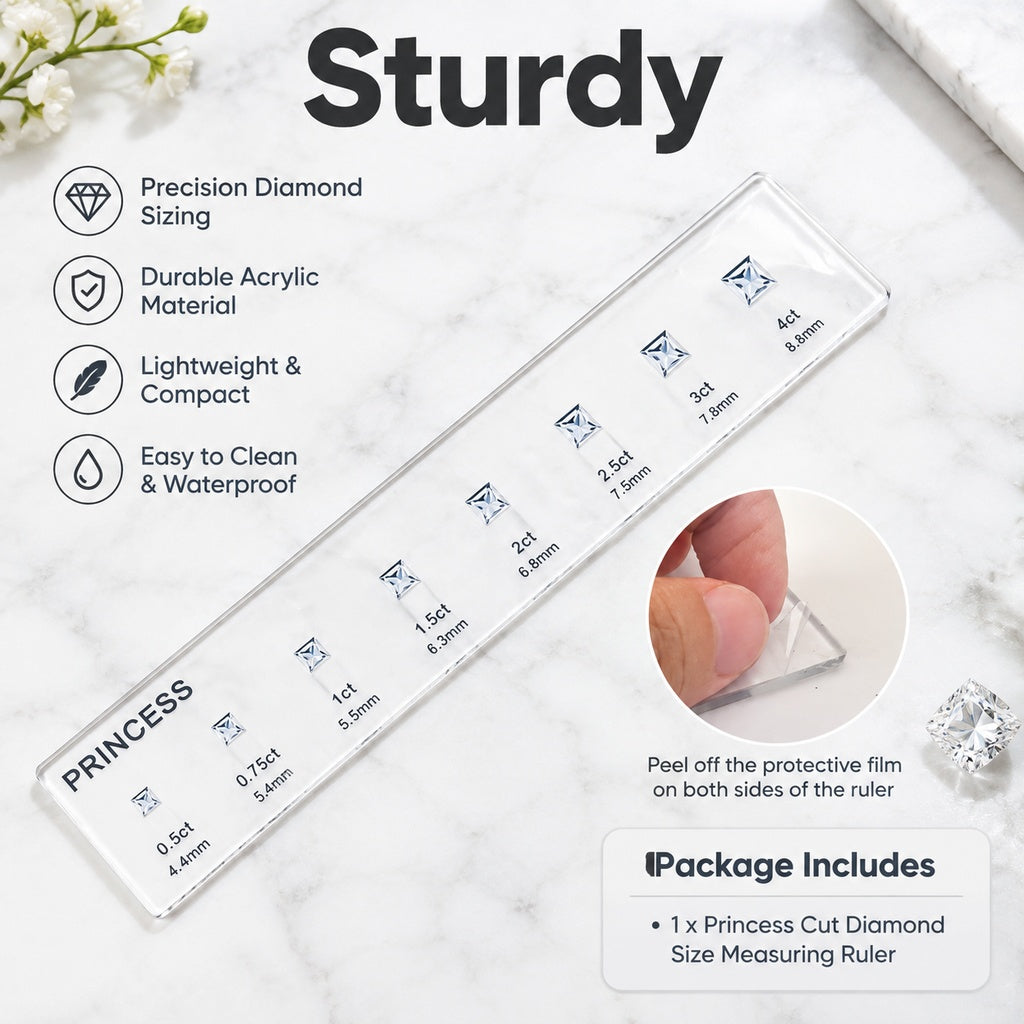 Clear Acrylic Diamond Size Comparison Ruler, Round Princess and Oval Cut Guides, 0.5–4 Carat and Mil