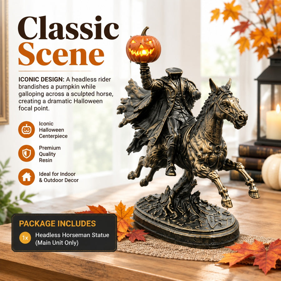 1x Halloween Headless Horseman Statue Indoor Outdoor Decor Glowing Pumpkin Rider
