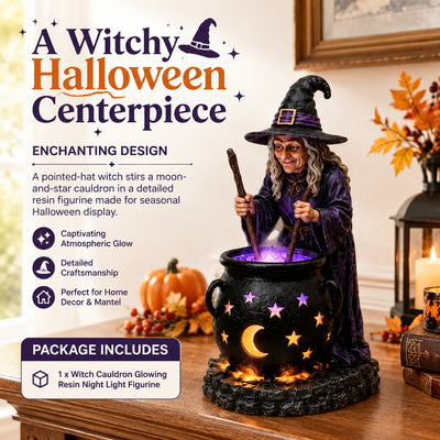 Witch Cauldron Resin Statue Glowing LED Night Light Fits Halloween Home Mantel