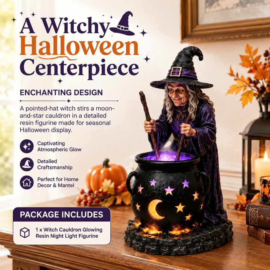 Witch Cauldron Resin Statue Glowing LED Night Light Fits Halloween Home Mantel