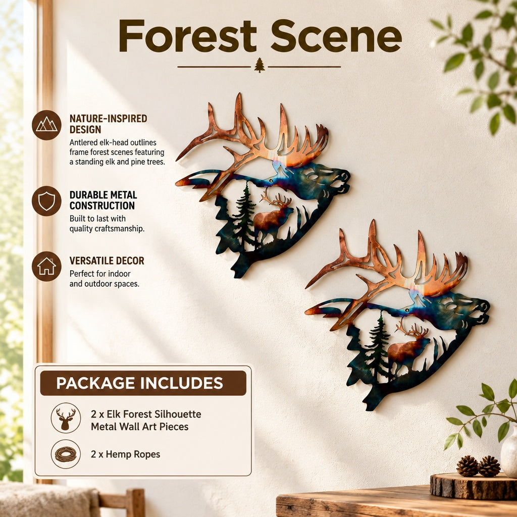 2 Pcs Rustic Metal Deer Head Wall Sculpture Forest Silhouette Hanging Sign Art