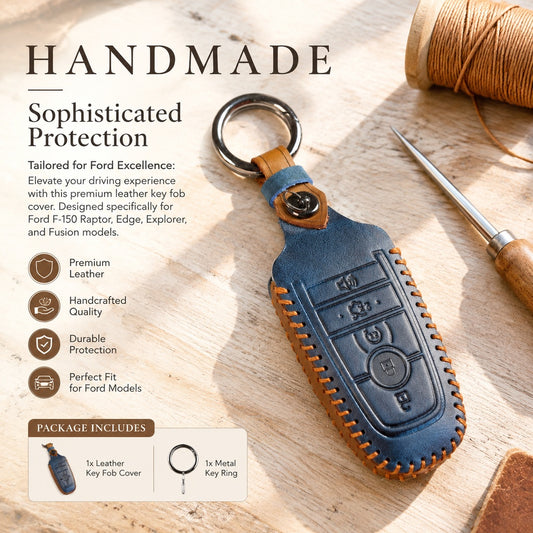 Leather Key Fob Cover with Keyring for Compatible Ford F-150 Raptor, Edge, Explorer and Fusion Smart