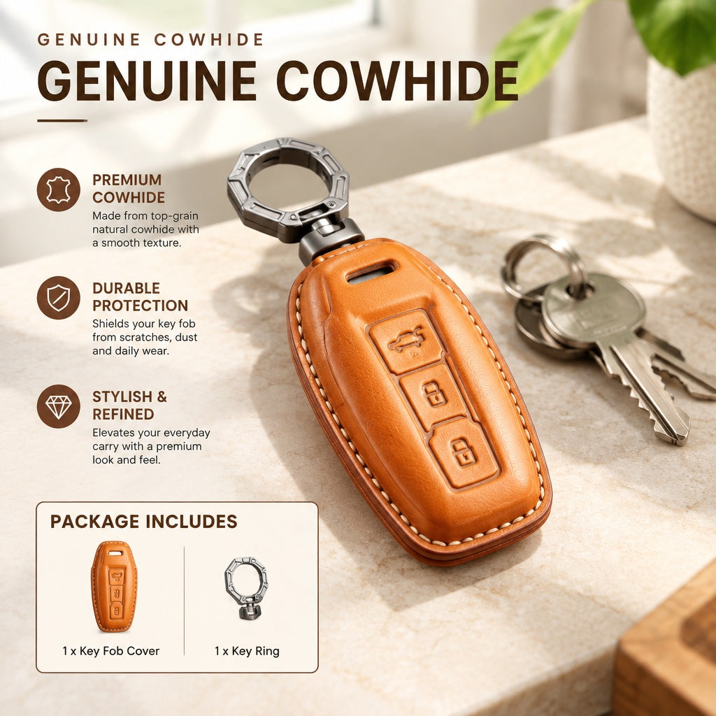 Top-Grain Cowhide Leather Key Fob Cover with Metal Key Ring, Hand-Stitched Protective Case for 2025–