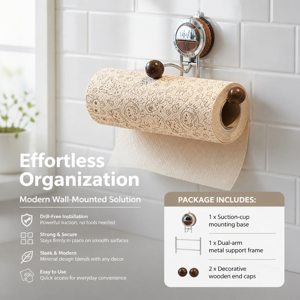 Suction Cup Paper Towel Holder, Stainless Steel Wall-Mounted Roll Holder with Wood-Tone Accents for 