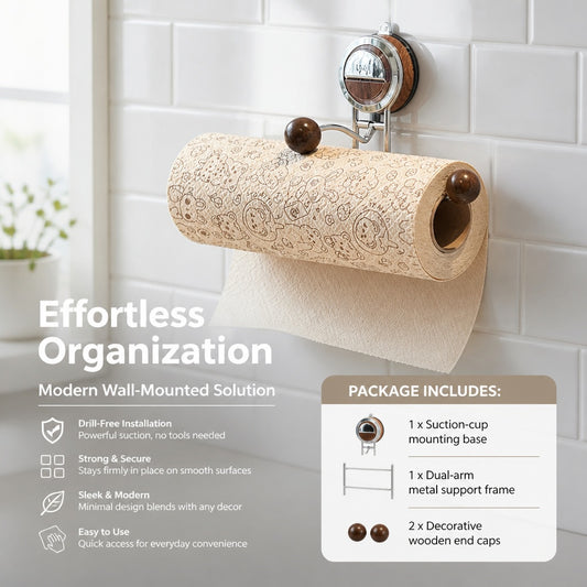 Suction Cup Paper Towel Holder, Stainless Steel Wall-Mounted Roll Holder with Wood-Tone Accents for 