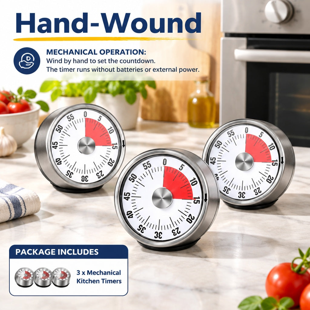 3 Pack 60 Minute Mechanical Kitchen Timer Magnetic Visual Countdown Tool Set