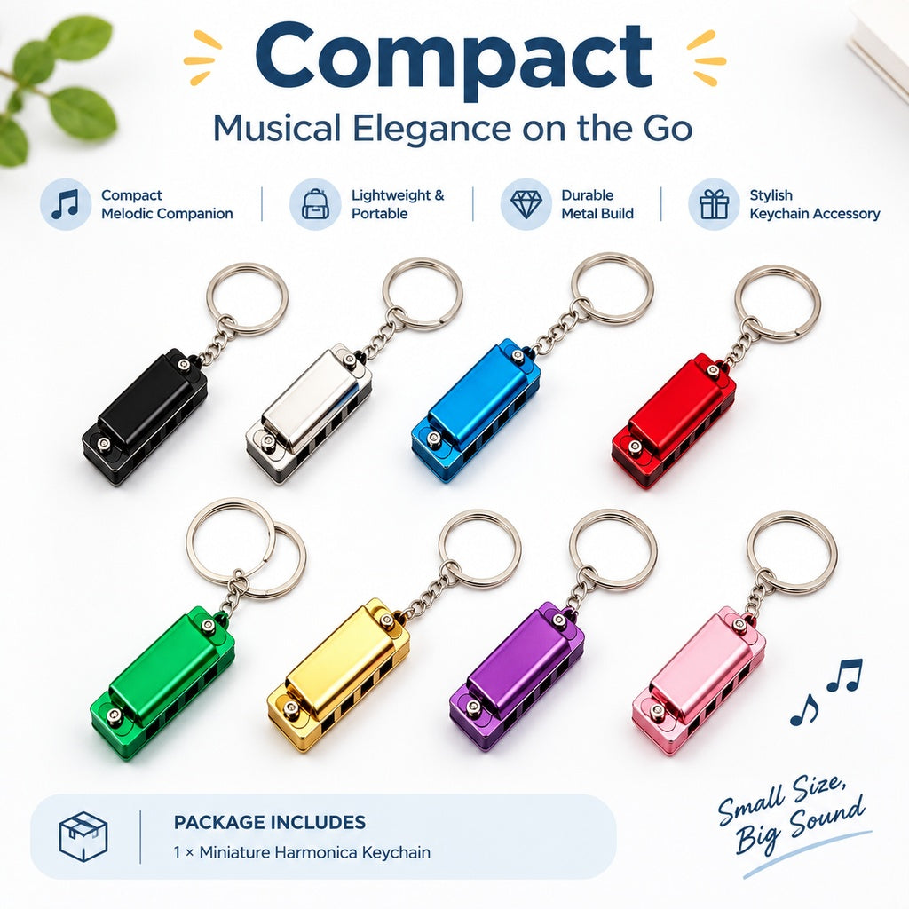Mini 4-Hole 8-Note Harmonica Necklace or Keychain, Portable Playable Metal Pocket Instrument, Multip