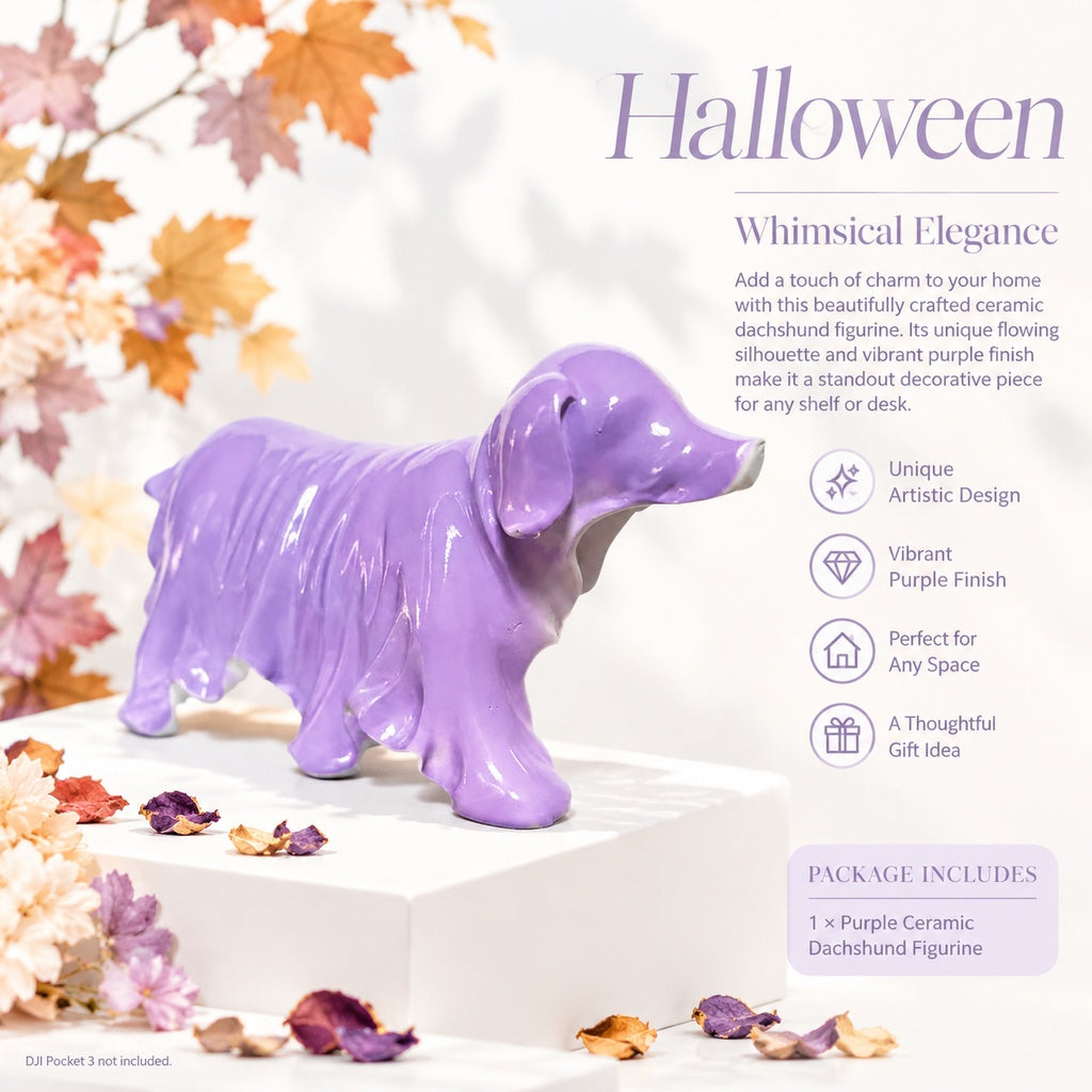 Ghost Dog Resin Figurine, Glossy Purple and White Draped Dog Statue for Halloween Home Decor, Mantel