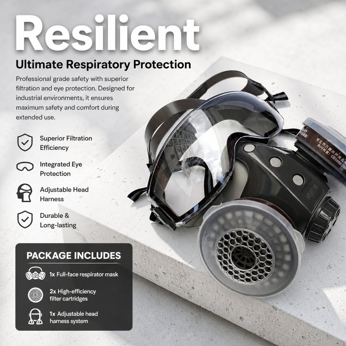 Reusable Dust Respirator Mask with Integrated Clear Goggles, Adjustable Straps and Side Filter Housi