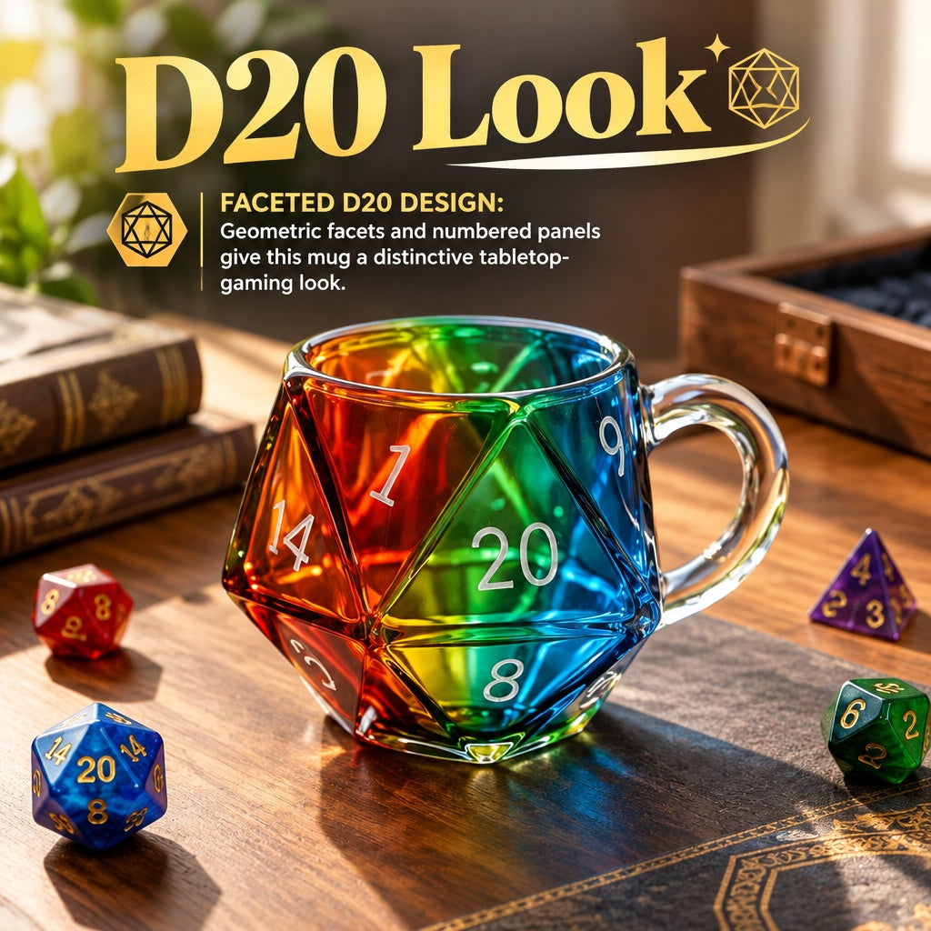 Creative D20 Dice Mug Rainbow Glassware for Gamers Unique Tabletop Gaming Gift