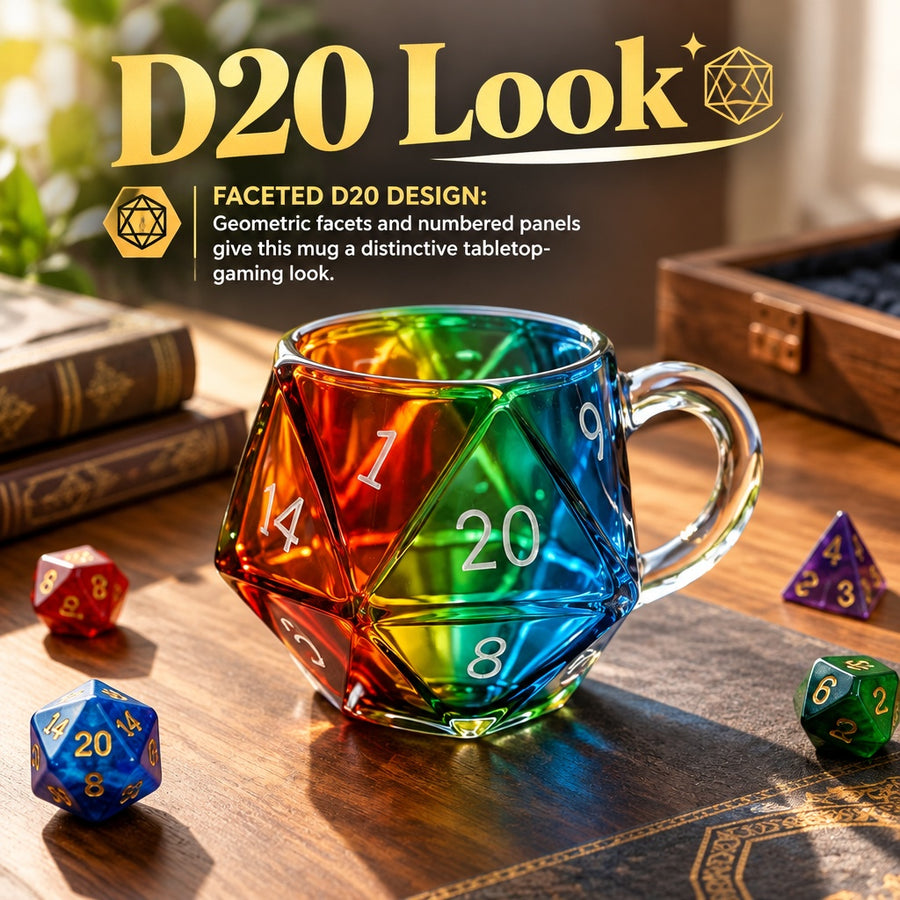 Creative D20 Dice Mug Rainbow Glassware for Gamers Unique Tabletop Gaming Gift