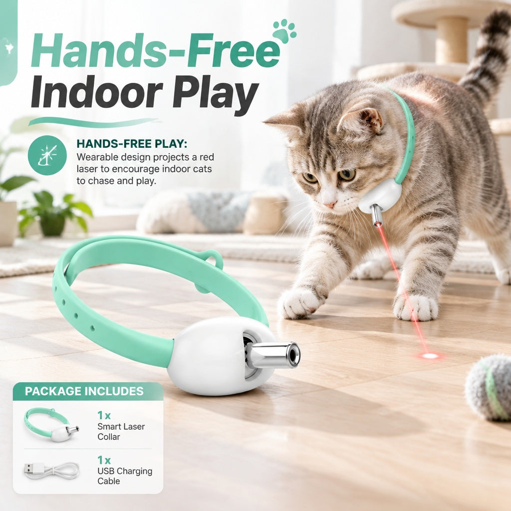 Hands Free Cat Laser Collar Toy Adjustable Beam USB Rechargeable Pet Chaser