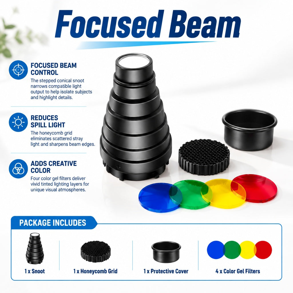 Bowens Mount Conical Studio Snoot Light Modifier Kit with Honeycomb Grid, Protective Cover and 4 Col