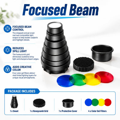 Bowens Mount Conical Studio Snoot Light Modifier Kit with Honeycomb Grid, Protective Cover and 4 Col
