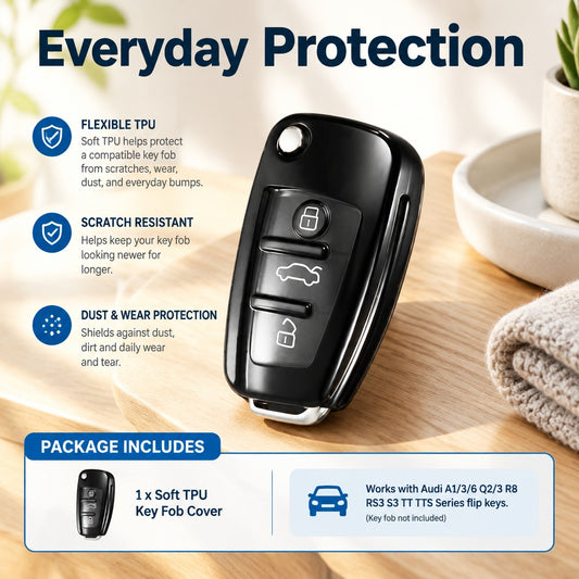 Soft TPU Flip Key Fob Cover for Select Audi A1 A3 Q2 Q3 S3 R8 TT Models, Protective Case, Key Not In