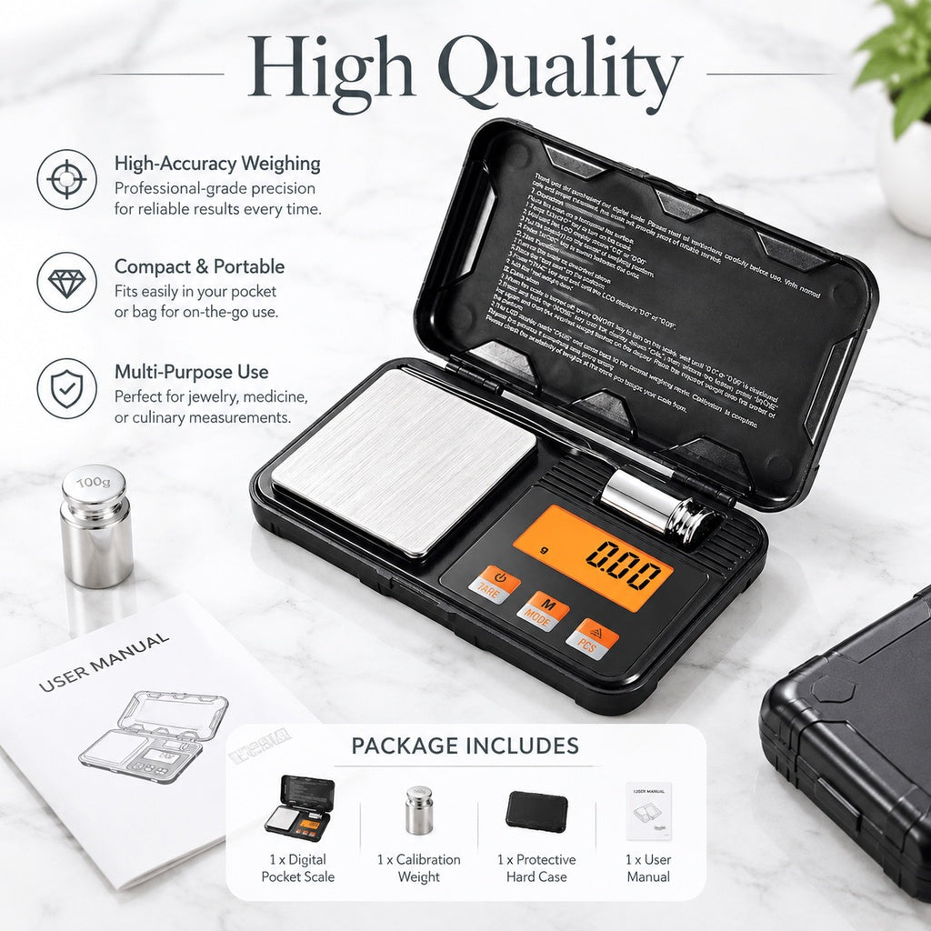 Portable Digital Pocket Scale for Jewelry, Gold, Gems and Small Items, Hinged Protective Case, Backl