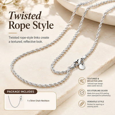 Premium 925 Sterling Silver Twisted Rope Chain Necklace for Daily Use 16-24 Inch