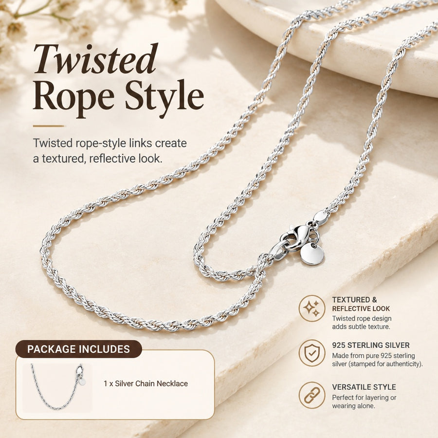 Premium 925 Sterling Silver Twisted Rope Chain Necklace for Daily Use 16-24 Inch