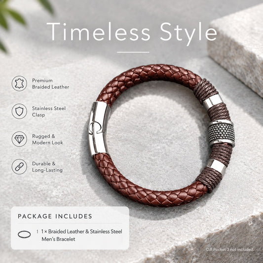 Men's Braided Leather Bracelet with Stainless Steel Magnetic Clasp and Textured Metal Accent