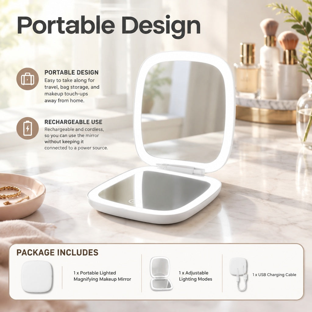 Functional Stable Stylish Rechargeable Portable Lighted Magnifying Makeup Mirror