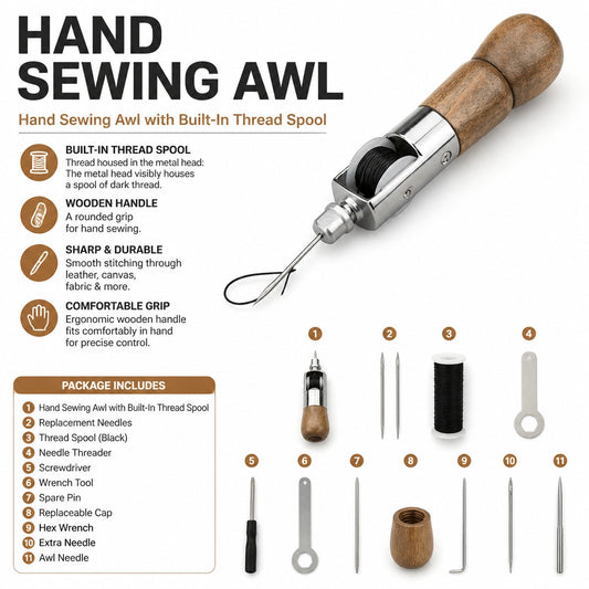 Compact Hand Sewing Awl Set with Wood-Grain Handle, Thread Spool and Needles for Leather, Canvas and