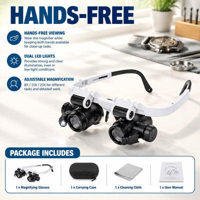 8X/15X/23X Telescopic Magnifier w/2 LED - Precision Work, Reading, Watchmaker