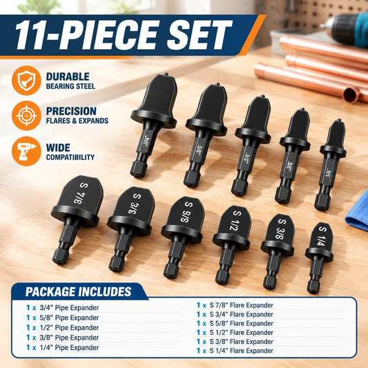 11-Piece Drill-Driven Copper Pipe Flaring and Expanding Tool Set, 1/4-Inch Hex Shank, 6–22 mm Sizes,